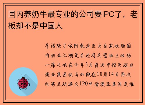 国内养奶牛最专业的公司要IPO了，老板却不是中国人
