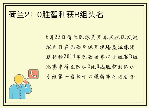 荷兰2：0胜智利获B组头名