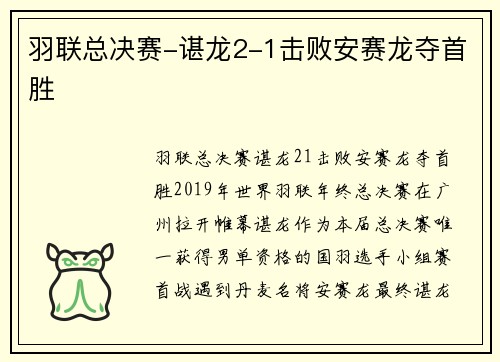 羽联总决赛-谌龙2-1击败安赛龙夺首胜